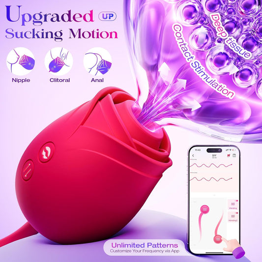 Rose Toy with Thrusting, Vibrating, Sucking Modes for Clitoral Nipple Stimulation Anal Double-Ended G Spot Vibrator Dildo App Control